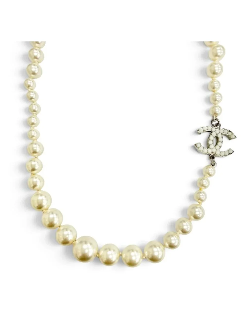 Chanel CC Logo Long Pearl Necklace White Silver
